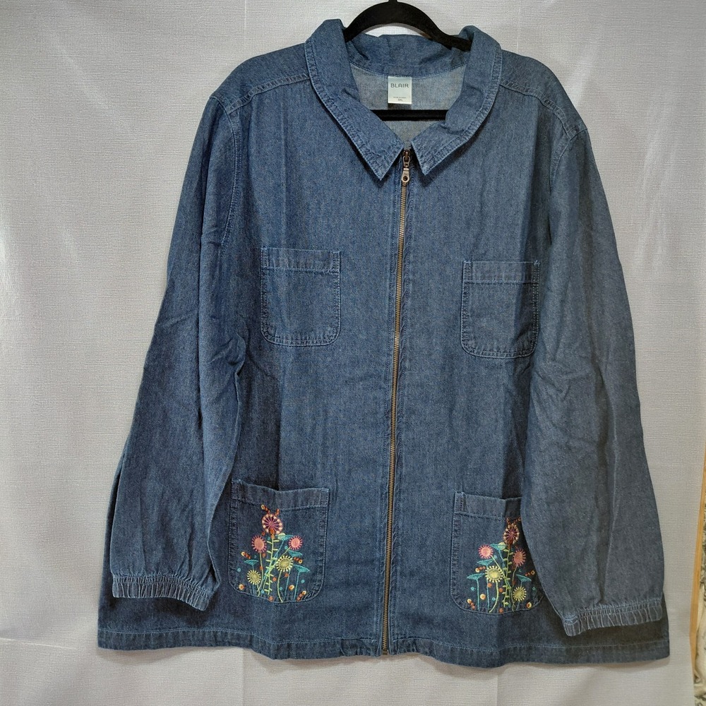 Blair Zip Front Denim Jacket Floral Embroidered Patch Pockets Women's 3XL